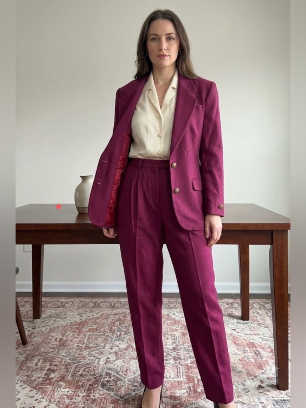 Vintage 90s Urban Wool Merino Wool Pantsuit Burgundy  Blazer & High Waist Pants